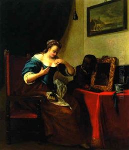 A Lady At Her Toilet With A Servant Holding A Mirror by Jacob Ochtervelt