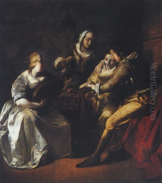 Interior Scene With A Couple Seated At A Table With Another Lady Playing The Lute And A Maid Standing Behind - view 1