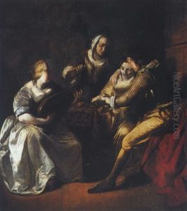 Interior Scene With A Couple Seated At A Table With Another Lady Playing The Lute And A Maid Standing Behind by Jacob Ochtervelt