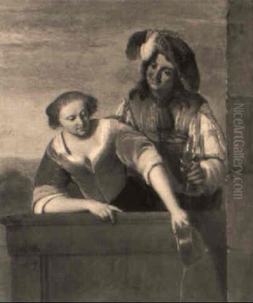 A Man Holding A Giant Roemer And A Woman Emptying A Bowl On A Balcony - view 1