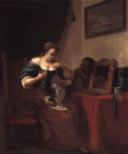 A Lady At Her Toilet With A Young Maid Holding A Mirror