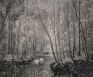 A Day In May: Wooded Stream With Swans by Leonard Ochtman