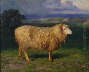 Portrat Eines Schafes Vor Weiter Landschaft by Eduard Ockel
