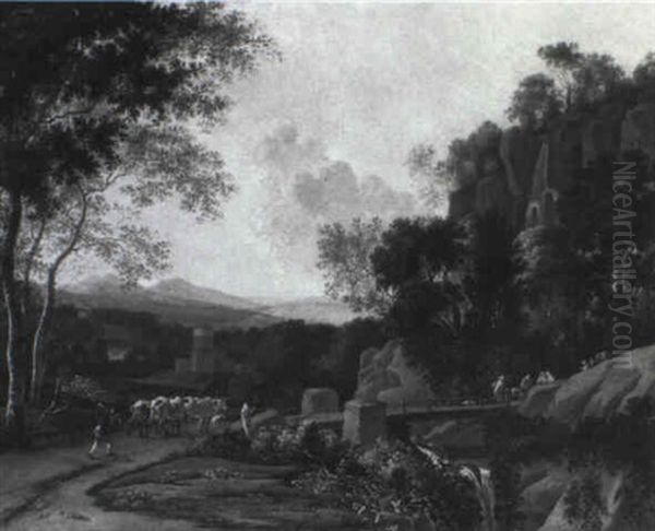 Cowherd And Cattle Near A Bridge Over A Torrent With Travellers - view 1