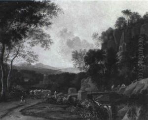 Cowherd And Cattle Near A Bridge Over A Torrent With Travellers