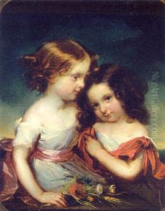 Portrait Of Two Sisters In White Dresses With Red Ribbons, Holding Flowers