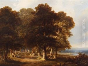 An Avenue Of Trees, With A Shepherd At Rest In The Foreground With His Dog And Flock, A Woman In Red Beyond by James Arthur O'Connor
