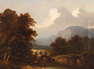A Mountain Landscape, With A Man In Red At Rest On A Riverbank, A Bridge Beyond A Mountain Landscape, With A Man In Red At Rest On A Riverbank, A Bridge Beyond