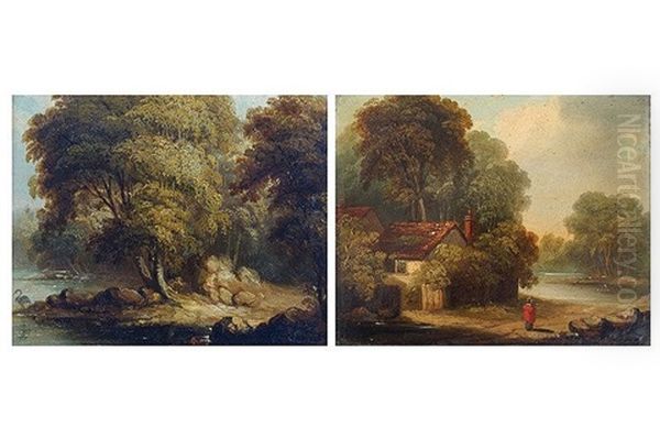 Figure Standing Outside Of A Riverside Dwelling Heron Standing In River And Wooded Landscape - view 1