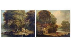Figure Standing Outside Of A Riverside Dwelling Heron Standing In River And Wooded Landscape by James Arthur O'Connor