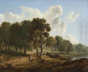 A Wooded Landscape With Figures With Figures On A Path, A Lake Behind by James Arthur O'Connor
