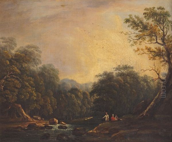 A Wooded River Landscape With Figures Fishing - view 1