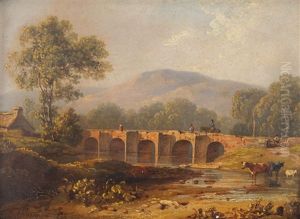 A River Landscape With A Bridge, Thatched Cottage, Figures And Animals