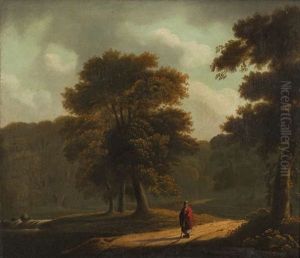 Woodland River Landscape With Figure On A Roadway