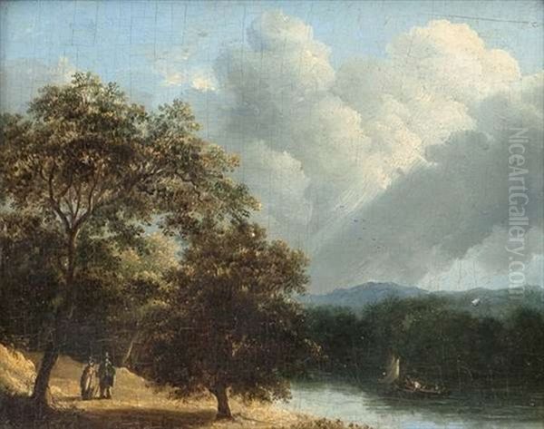 River Landscape With Figures In A Boat And Couple Walking - view 1