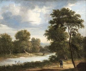 A Traveller On A Riverside Road With A Fisherman In The Distance by James Arthur O'Connor