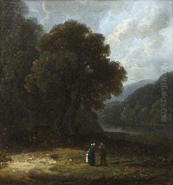 Wooded River Landscape With Figures In Conversation - view 1