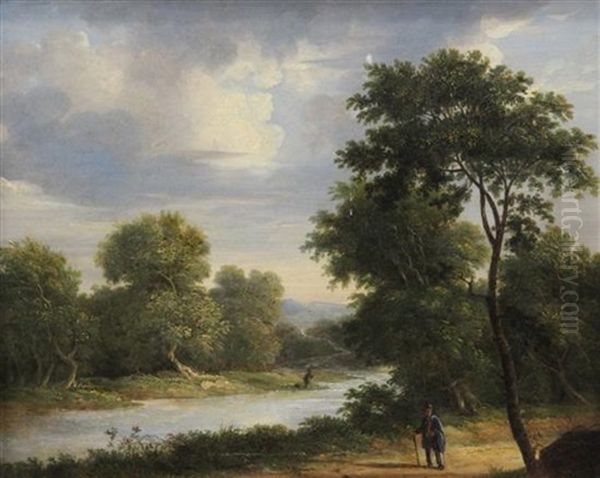Angler In A River Landscape - view 1