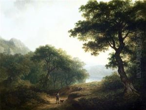 Extensive Wooded Landscape With A Distant View Of A Lake And A Man And Dog In The Foreground by James Arthur O'Connor