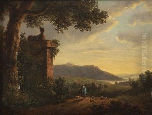 Figure Wearing Blue Coat In An Extensive Landscape And Woman Approaching Castle Ruin In A Landscape (pair)