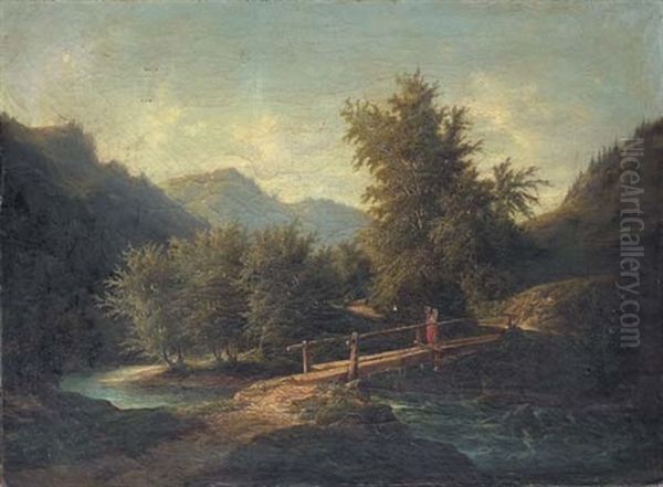 A Mountainous Wooded River Landscape With A Figure Crossing A Bridge - view 1