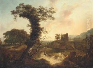 An Extensive Wooded River Landscape With A Milk-maid In The Foreground, A Ruin And The Coast Beyond by James Arthur O'Connor