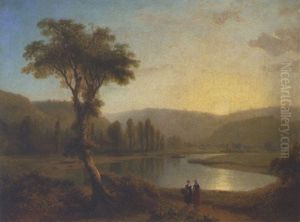 A Mountainous River Landscape With Figures On A Path In The Foreground A Mountainous River Landscape With Figures On A Path In The Foreground