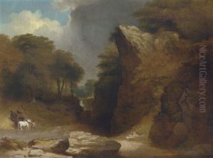 The Ford - A Mountainous River Landscape With A Figure With A Wagon And Horses At A Ford by James Arthur O'Connor