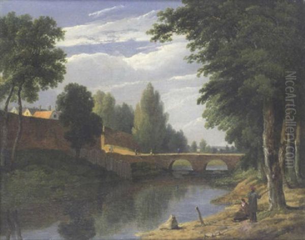 Fisherman On A Riverbank With Figures On A Bridge Outside A Town - view 1