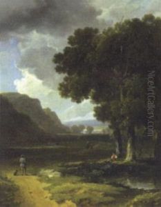 Extensive River Landscape With Figures And Cattle