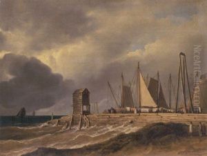 A Pier In Choppy Seas With Figures In The Foreground And Sailing Boats Beyond (the Old Fish Market At Brighton?) by James Arthur O'Connor