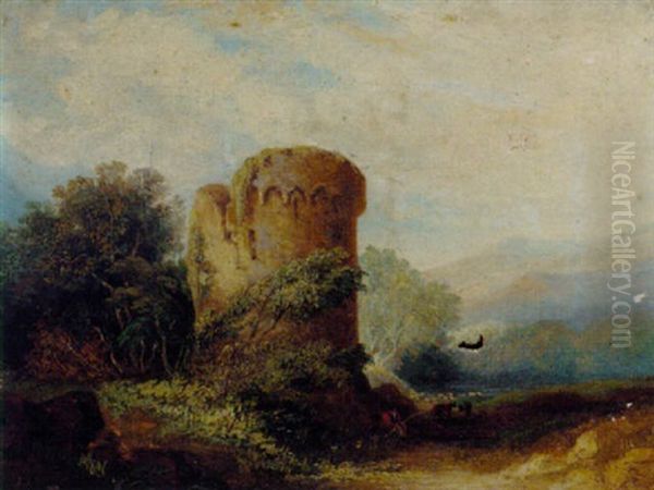 A Figure Resting By A Ruined Tower - view 1