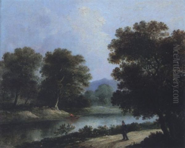 River Landscape With Figure In A Boat And Traveller On A Path - view 1
