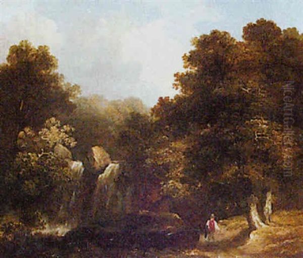 Figure On A Country Path Beside A Waterfall - view 1