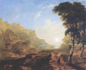 Sunset Over A Rocky Wooded Valley With Figures by James Arthur O'Connor