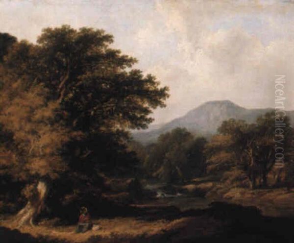 Mountainous River Landscape With A Figure Resting In The Foreground - view 1