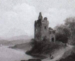 Figures In Front Of A Ruined Castle At The Edge Of A Lake