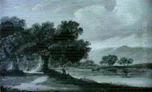 A Wooded Lake Landscape With Figures Fishing A Wooded Lake Landscape With Figures Fishing
