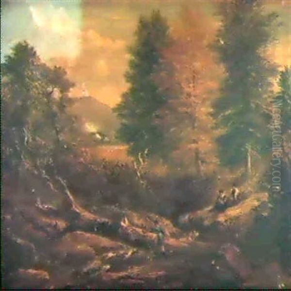 Figures Resting In A Woodland With Two Children Crossing A Stream - view 1