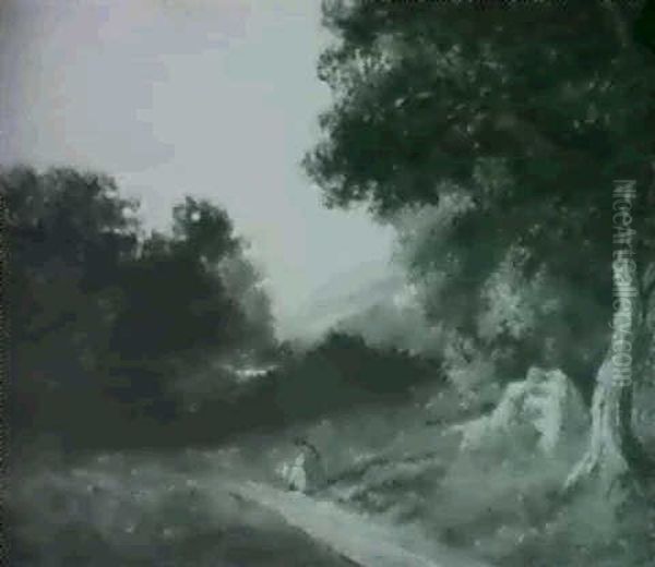 A Figure Resting By A Track In A Wooded Landscape - view 1