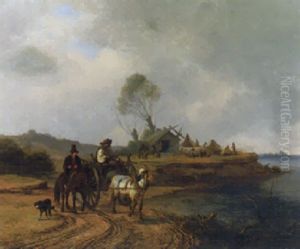 A Coastal Scene With Countryfolk On A Track And Figures Building Boats Beyond A Coastal Scene With Countryfolk On A Track And Figures Building Boats Beyond