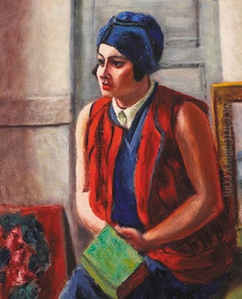 Model In A Red Vest, Seated With A Book On Her Lap - view 1