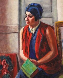 Model In A Red Vest, Seated With A Book On Her Lap