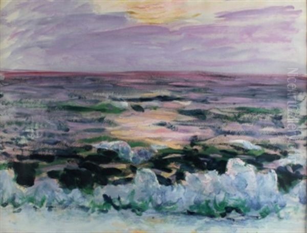 Waves Breaking On The Shore At Sunset - view 1