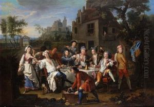 Dejeuner Champetre De Gentilshommes Dans Une Cour De Ferme by Francois Octavien