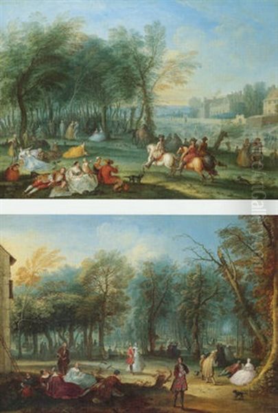 A Fete Champetre With Elegant Figures Resting And Horsemen Riding By A Wood - view 1