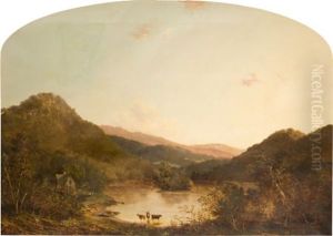 Three Cows Watering In An Extensive Hilly Landscape by Walter Mason Oddie