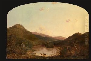 Three Cows At The Edge Of A Lake In An Extensive Hilly Landscape by Walter Mason Oddie