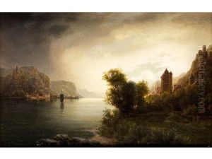 Flusslandschaft Mit Burgen Auf Den Seitlichen Felshohen