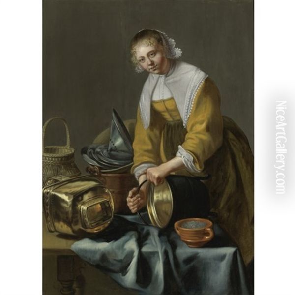 A Kitchen Maid Standing By A Table With Copper Pots, Pewter Plates And Other Objects - view 1